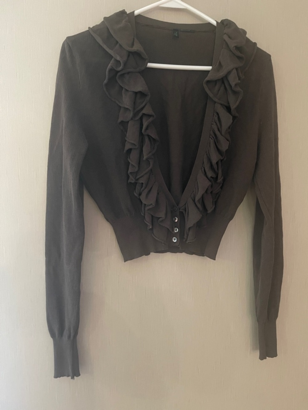Stile Benneton no size Ruffle Trim Cropped Cardigan button Dark Brown